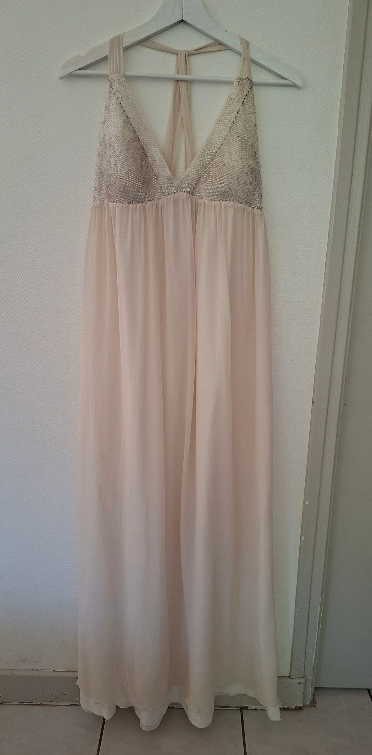 Robe longue 1.2.3 Paris T42 beige nude cérémonie mariage soirée perles pailletées